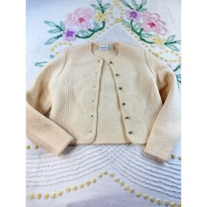 Vintage Distinction Cream 100% Wool Button Front Cardigan Jacket Silver Buttons